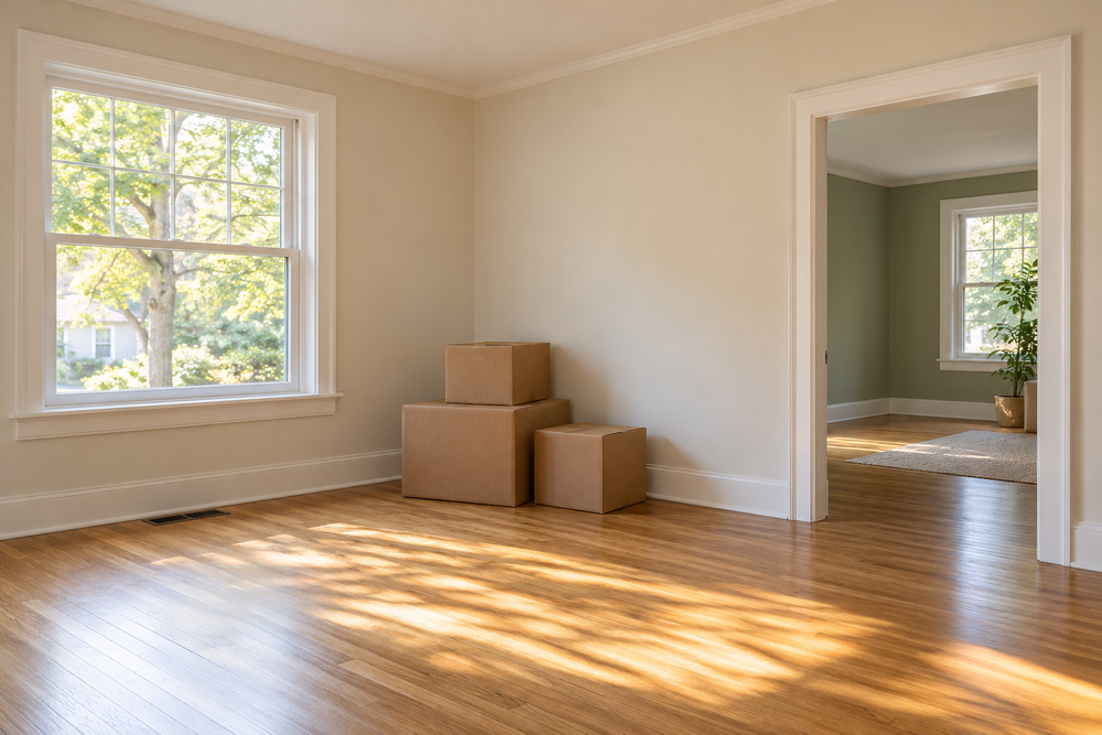 Moving boxes beside a clear floor in a bright home.